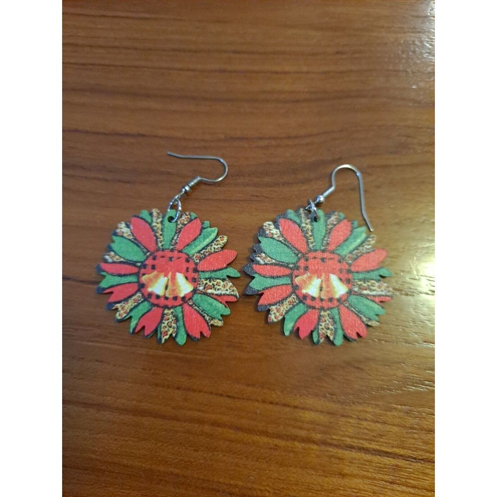 Christmas-Themed Wood Ornament Teardrop Earrings New Not Worn